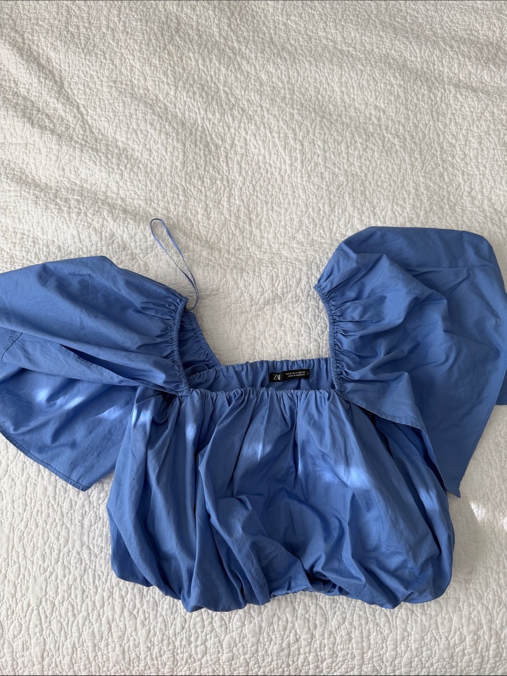 Zara Blue Puff-Sleeve Square-Neck Crop Top